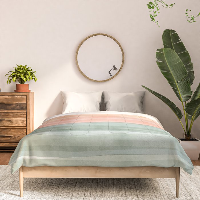 Light Sage Green Waves on a Peach Horizon, Abstract _watercolor color block Comforter Gallery Image 3
