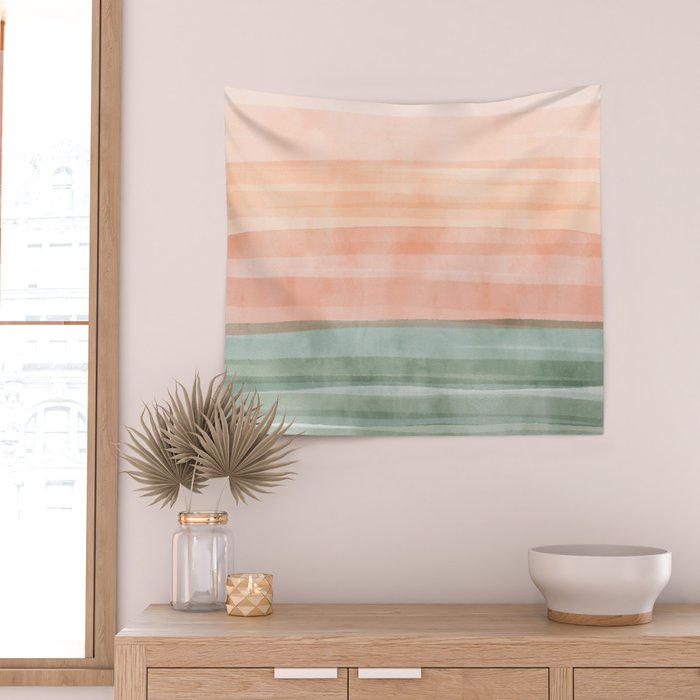 Light Sage Green Waves on a Peach Horizon, Abstract _watercolor color block Wall Tapestry Gallery Image 2