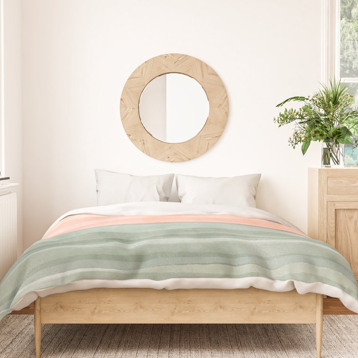 Light Sage Green Waves on a Peach Horizon, Abstract _watercolor color block Duvet Cover Gallery Image 3
