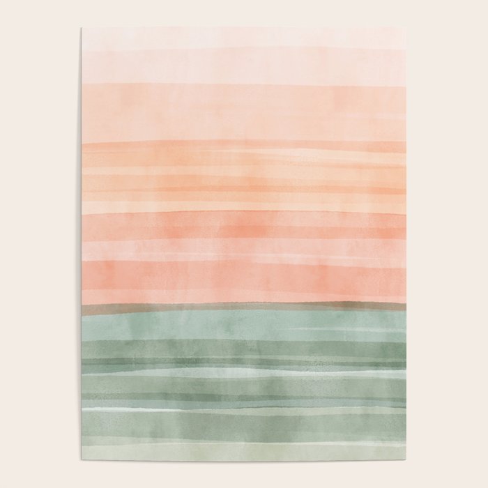 Light Sage Green Waves on a Peach Horizon, Abstract _watercolor color block Poster Gallery Image 1