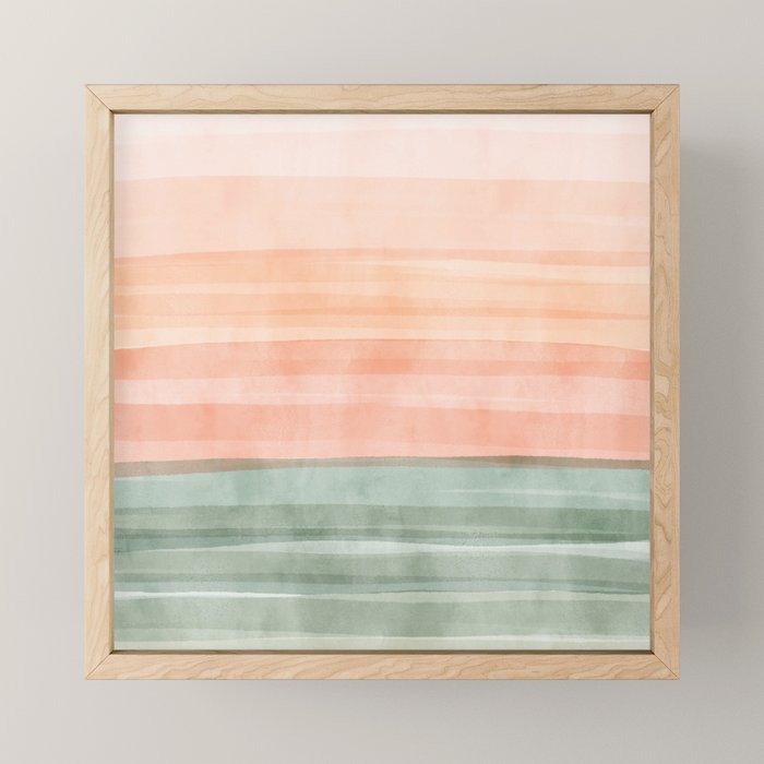 Light Sage Green Waves on a Peach Horizon, Abstract _watercolor color block Mini Art Print Gallery Image 1