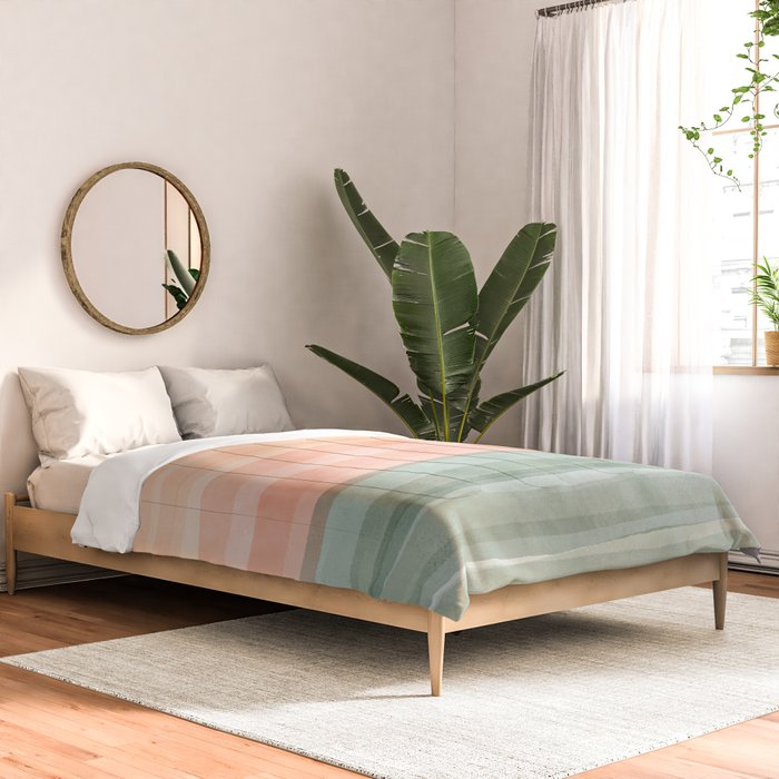 Light Sage Green Waves on a Peach Horizon, Abstract _watercolor color block Comforter Gallery Image 2