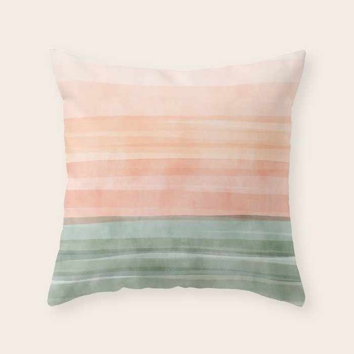 Light Sage Green Waves on a Peach Horizon, Abstract _watercolor color block Throw Pillow Gallery Image 1