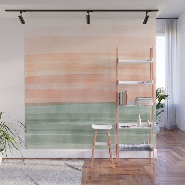 Light Sage Green Waves on a Peach Horizon, Abstract _watercolor color block Wall Mural Gallery Image 1