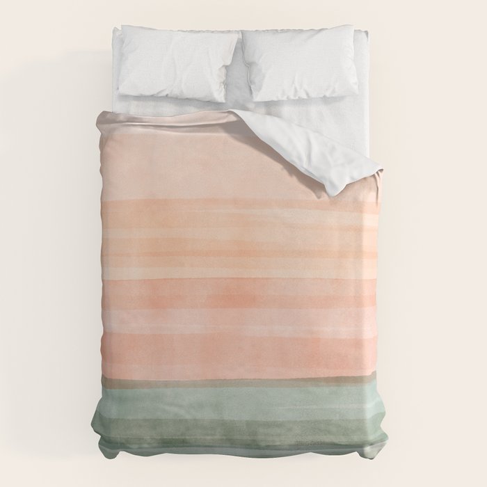 Light Sage Green Waves on a Peach Horizon, Abstract _watercolor color block Duvet Cover