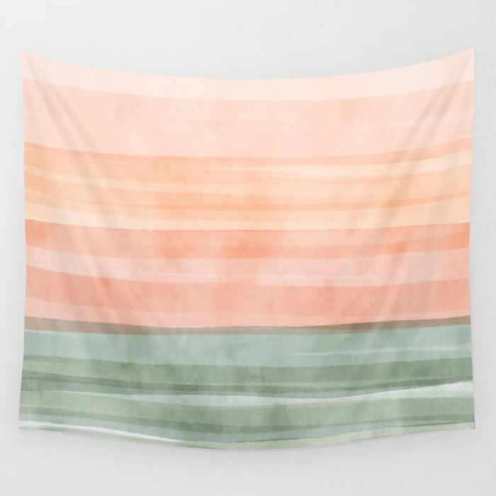 Light Sage Green Waves on a Peach Horizon, Abstract _watercolor color block Wall Tapestry Gallery Image 1