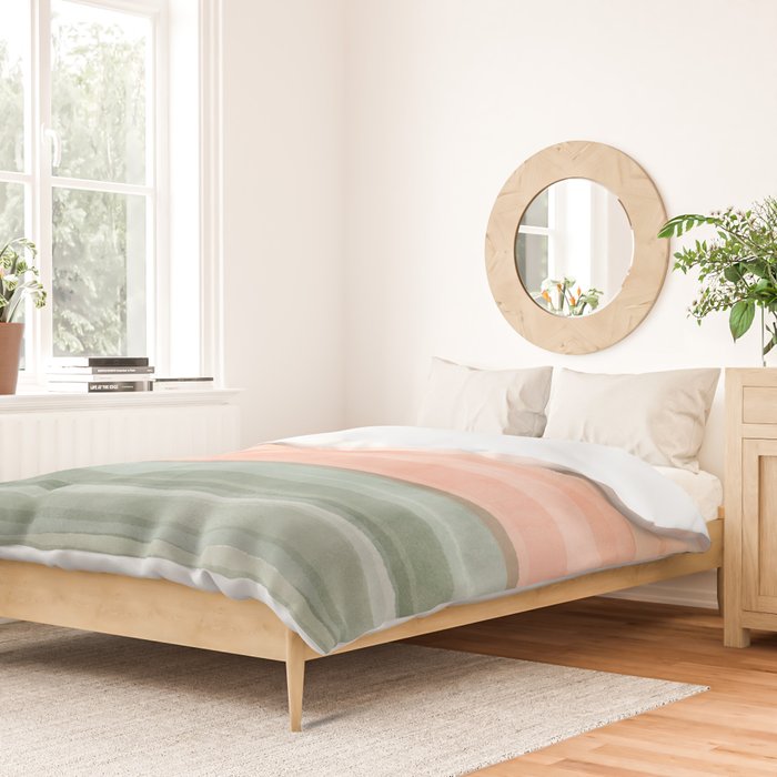 Light Sage Green Waves on a Peach Horizon, Abstract _watercolor color block Duvet Cover Gallery Image 2