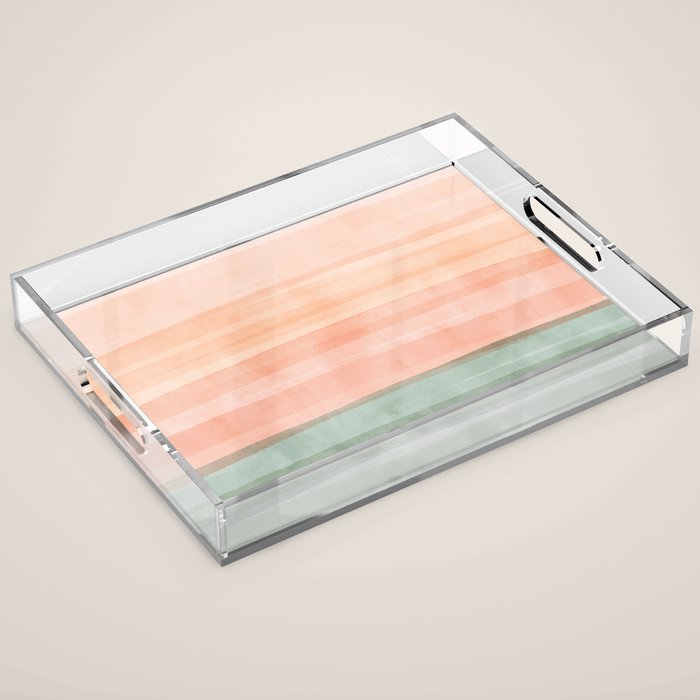Light Sage Green Waves on a Peach Horizon, Abstract _watercolor color block Acrylic Tray Gallery Image 1