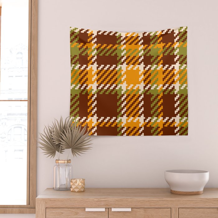 Retro 70s autumn tartan brown moss green mustard yellow pattern Wall Tapestry Gallery Image 2