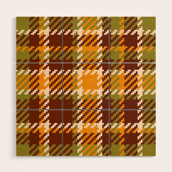 Retro 70s autumn tartan brown moss green mustard yellow pattern Wood Wall Art