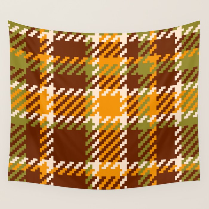 Retro 70s autumn tartan brown moss green mustard yellow pattern Wall Tapestry Gallery Image 1