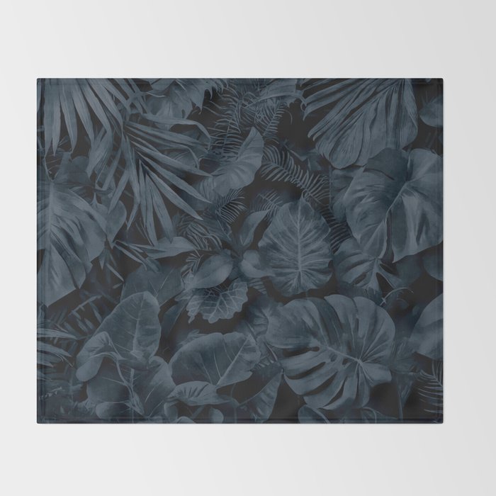 Moody Jungle Vibes Dark Teal Monstera And Palm Leaves Throw Blanket Gallery Image 2