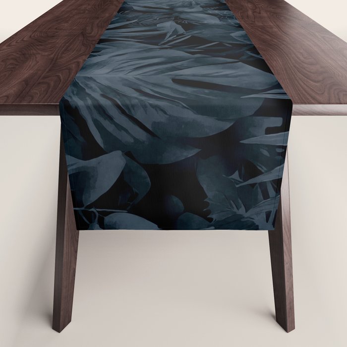 Moody Jungle Vibes Dark Teal Monstera And Palm Leaves Table Runner Gallery Image 1
