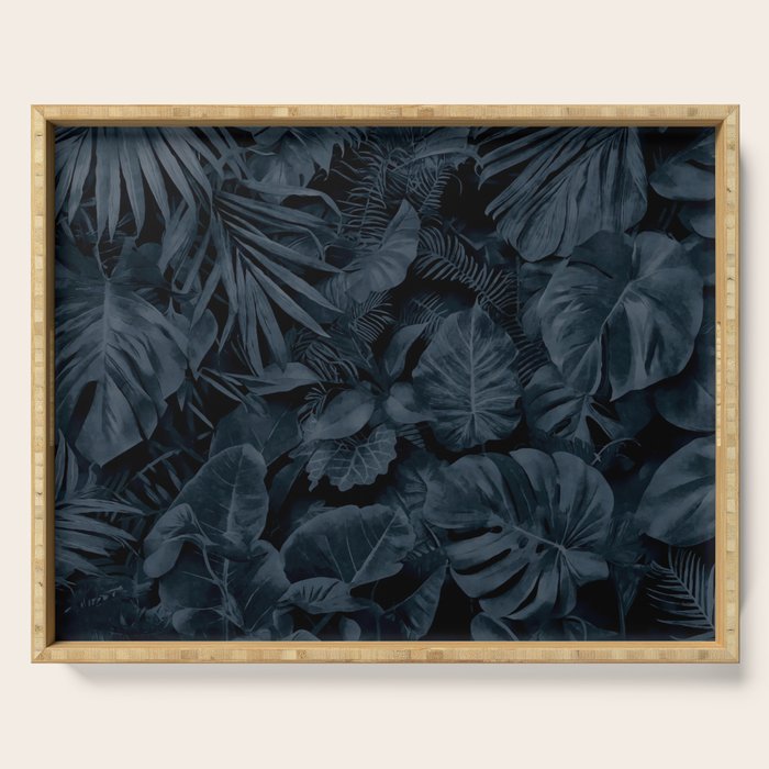 Moody Jungle Vibes Dark Teal Monstera And Palm Leaves Serving Tray Gallery Image 1