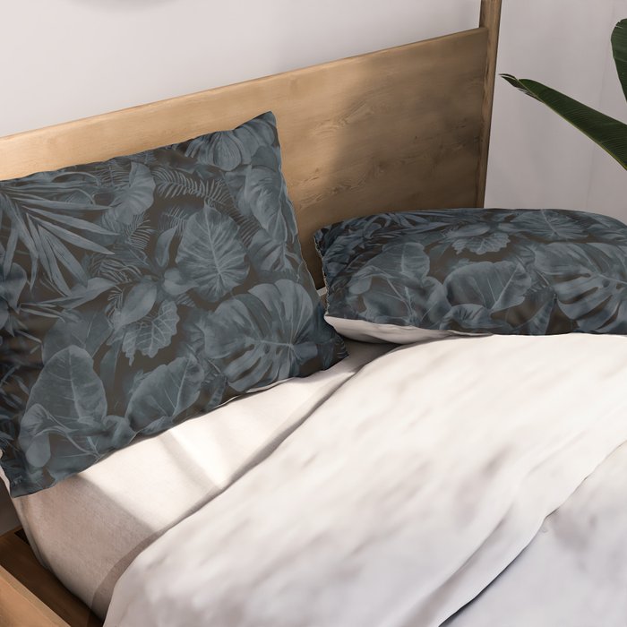 Moody Jungle Vibes Dark Teal Monstera And Palm Leaves Pillow Sham Gallery Image 2
