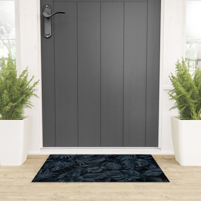 Moody Jungle Vibes Dark Teal Monstera And Palm Leaves Welcome Mat Gallery Image 3