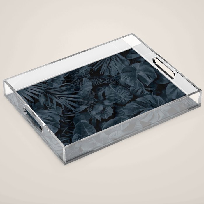 Moody Jungle Vibes Dark Teal Monstera And Palm Leaves Acrylic Tray Gallery Image 1