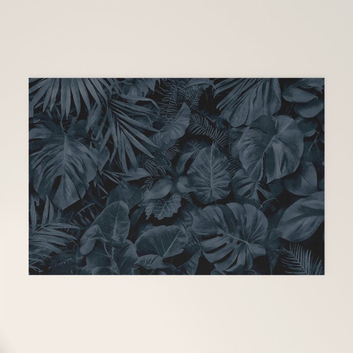 Moody Jungle Vibes Dark Teal Monstera And Palm Leaves Welcome Mat Gallery Image 1
