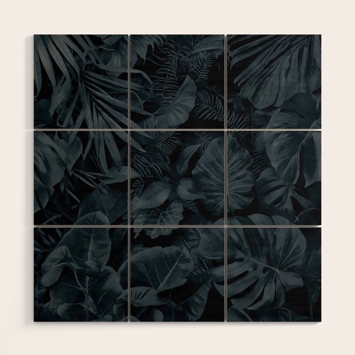 Moody Jungle Vibes Dark Teal Monstera And Palm Leaves Wood Wall Art Gallery Image 1