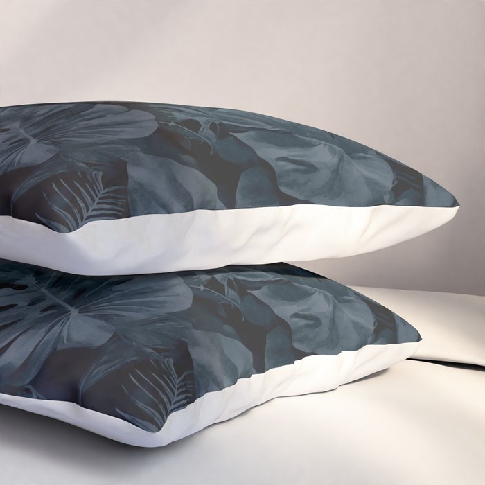 Moody Jungle Vibes Dark Teal Monstera And Palm Leaves Pillow Sham Gallery Image 3