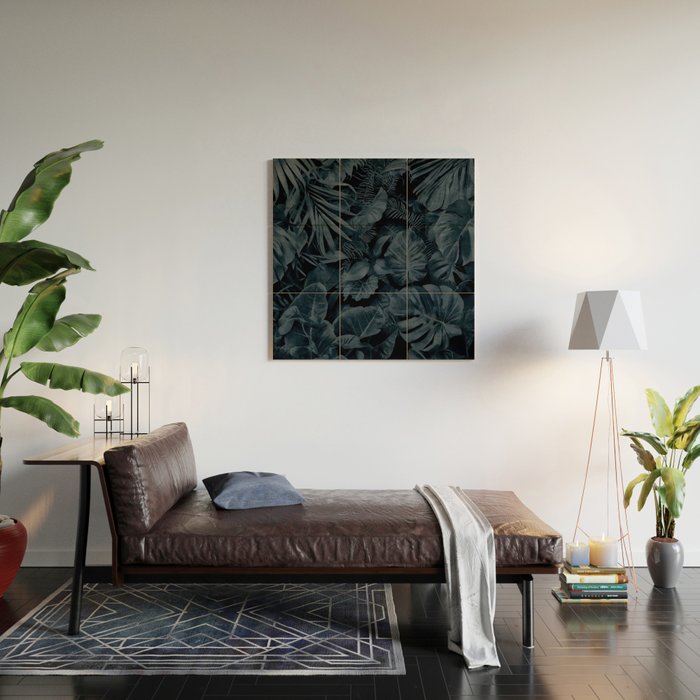 Moody Jungle Vibes Dark Teal Monstera And Palm Leaves Wood Wall Art Gallery Image 2