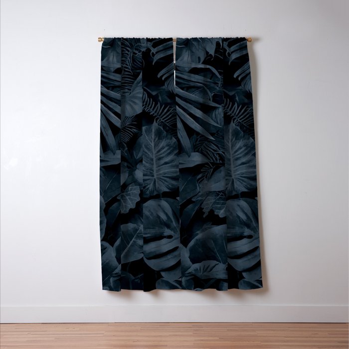 Moody Jungle Vibes Dark Teal Monstera And Palm Leaves Window Curtain Gallery Image 3