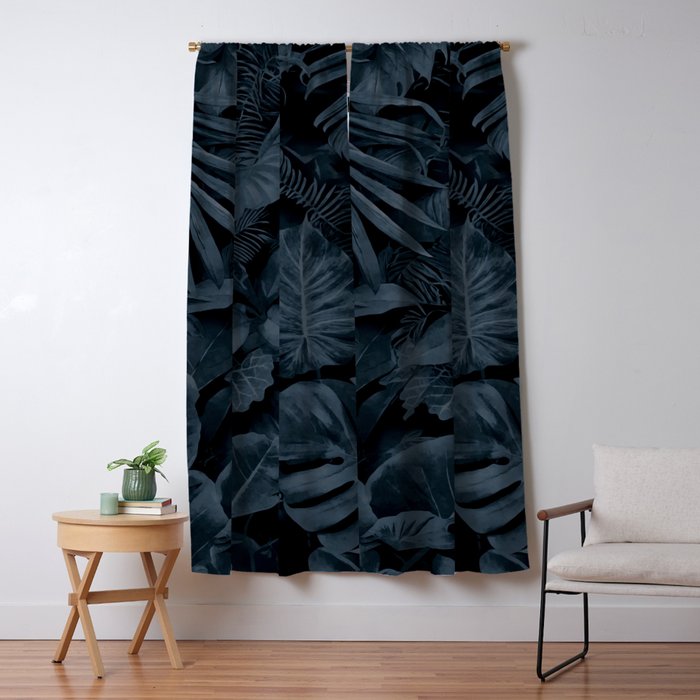 Moody Jungle Vibes Dark Teal Monstera And Palm Leaves Window Curtain Gallery Image 1