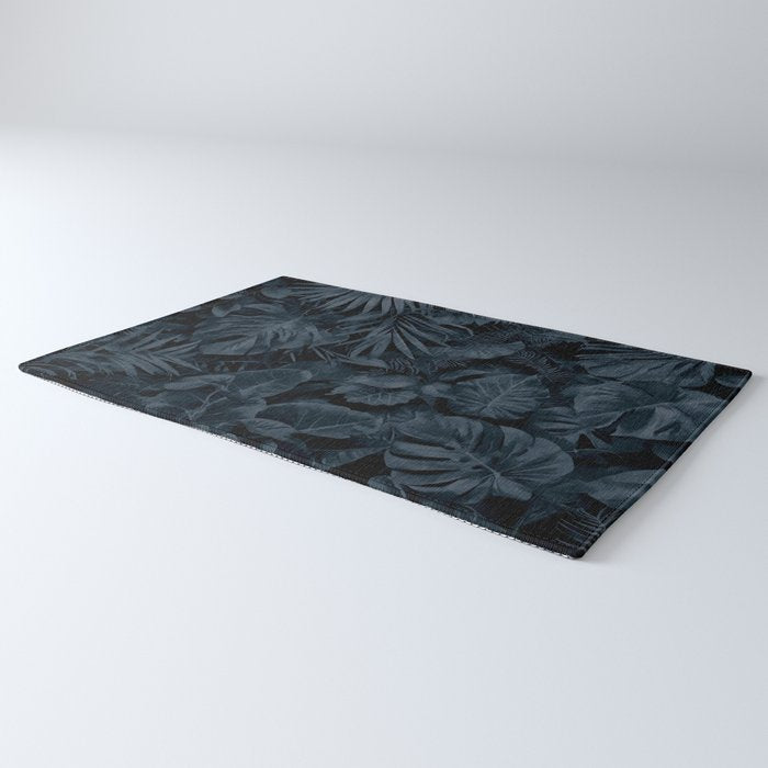 Moody Jungle Vibes Dark Teal Monstera And Palm Leaves Rug Gallery Image 3