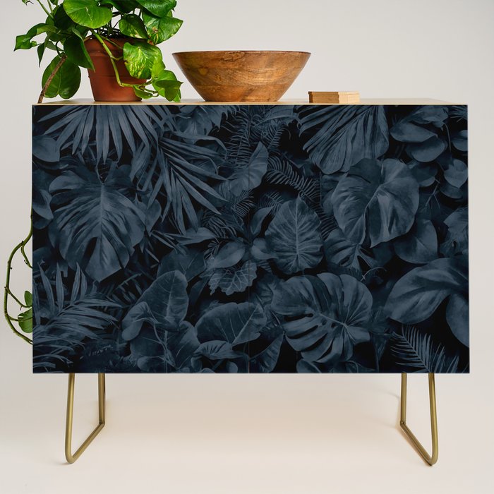 Moody Jungle Vibes Dark Teal Monstera And Palm Leaves Credenza Gallery Image 1