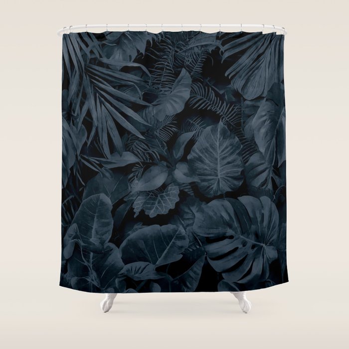 Moody Jungle Vibes Dark Teal Monstera And Palm Leaves Shower Curtain Gallery Image 1