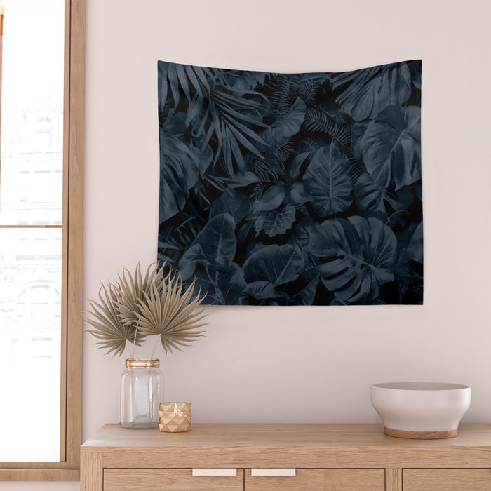 Moody Jungle Vibes Dark Teal Monstera And Palm Leaves Wall Tapestry Gallery Image 2