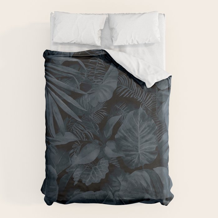 Moody Jungle Vibes Dark Teal Monstera And Palm Leaves Duvet Cover Gallery Image 6