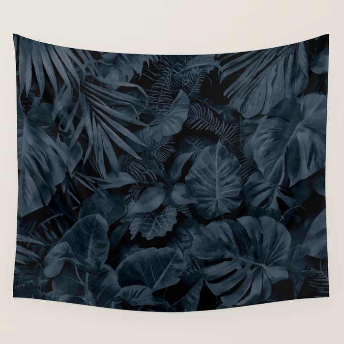 Moody Jungle Vibes Dark Teal Monstera And Palm Leaves Wall Tapestry Gallery Image 4