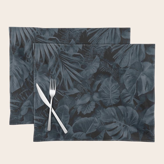 Moody Jungle Vibes Dark Teal Monstera And Palm Leaves Placemat Gallery Image 1