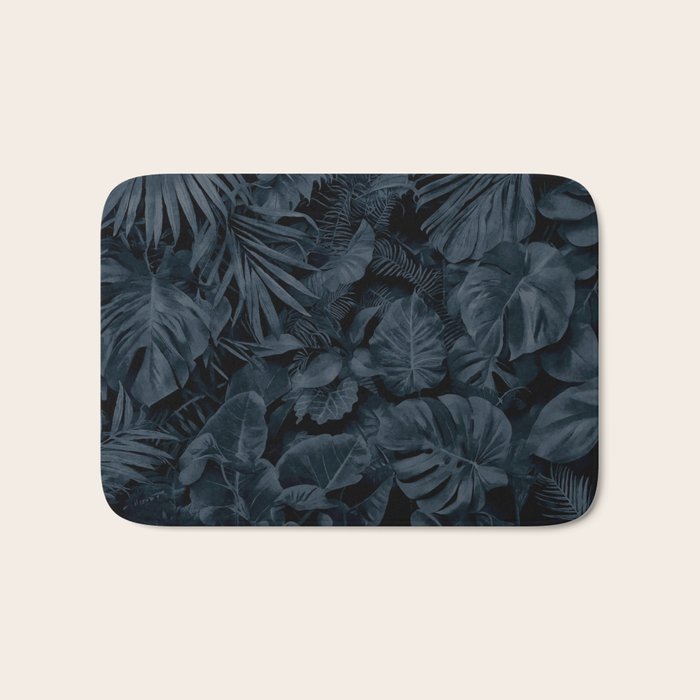 Moody Jungle Vibes Dark Teal Monstera And Palm Leaves Bath Mat Gallery Image 1