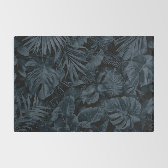 Moody Jungle Vibes Dark Teal Monstera And Palm Leaves Rug Gallery Image 2