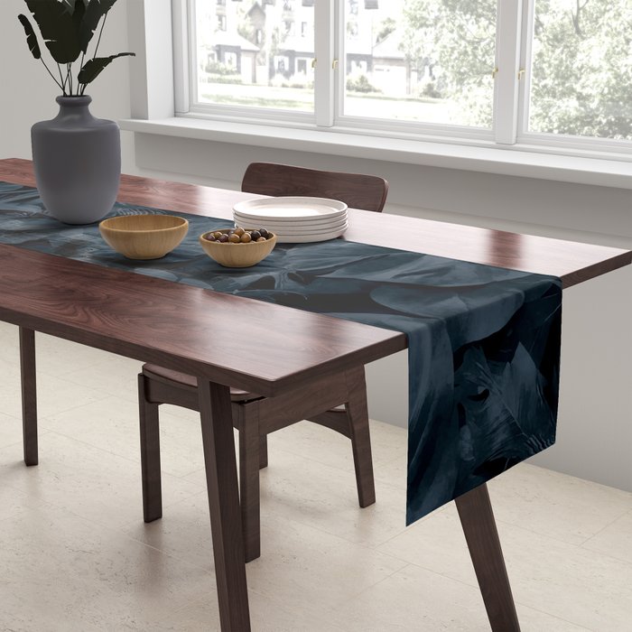Moody Jungle Vibes Dark Teal Monstera And Palm Leaves Table Runner Gallery Image 2