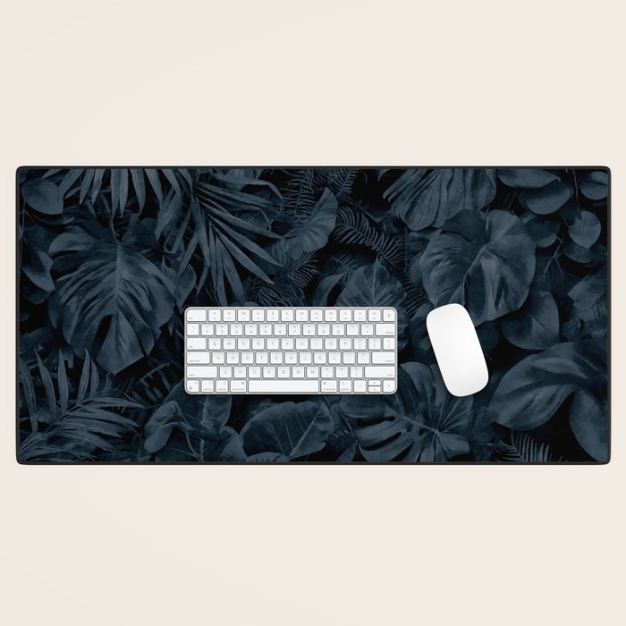 Moody Jungle Vibes Dark Teal Monstera And Palm Leaves Desk Mat Gallery Image 1