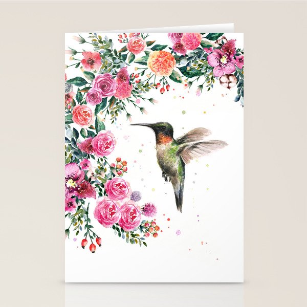 Hummingbird and Flowers Watercolor Animals Stationery Card Gallery Image 1