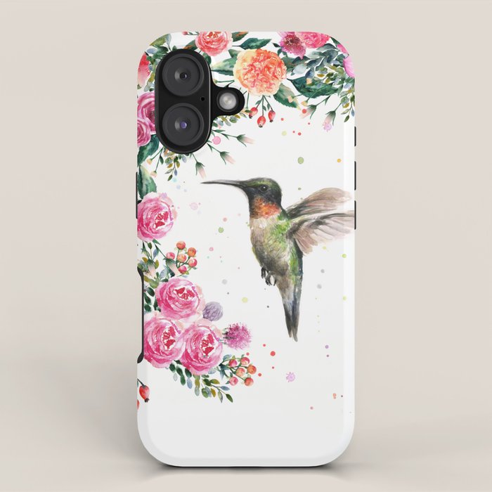 Hummingbird and Flowers Watercolor Animals iPhone Case Gallery Image 1