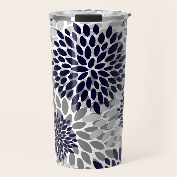 Abstract, Floral Prints, Navy Blue and Grey Travel Mug Gallery Image 1