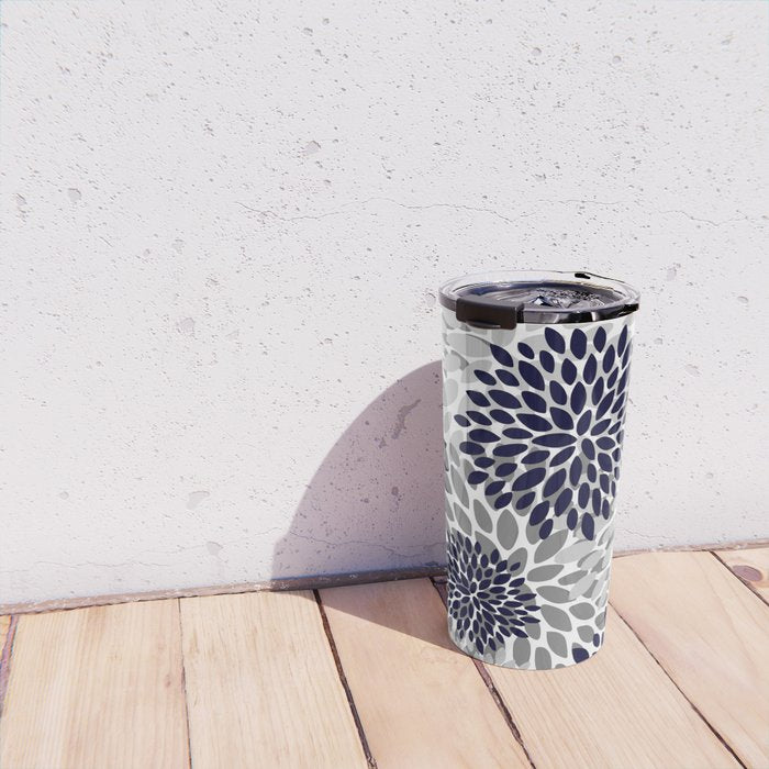 Abstract, Floral Prints, Navy Blue and Grey Travel Mug Gallery Image 4