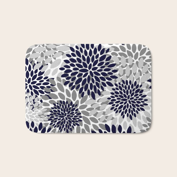Abstract, Floral Prints, Navy Blue and Grey Bath Mat Gallery Image 1