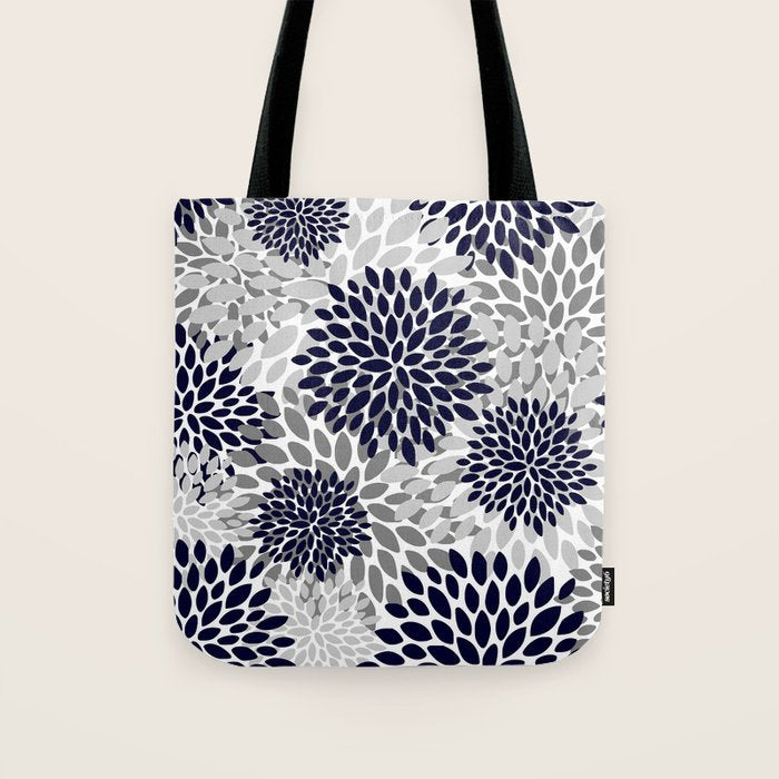 Abstract, Floral Prints, Navy Blue and Grey Tote Bag Gallery Image 1
