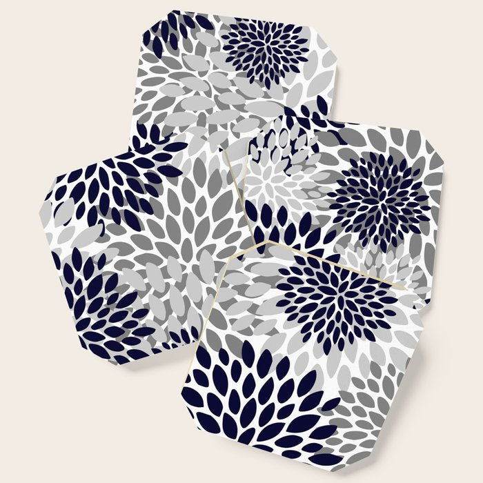 Abstract, Floral Prints, Navy Blue and Grey Coaster Gallery Image 1