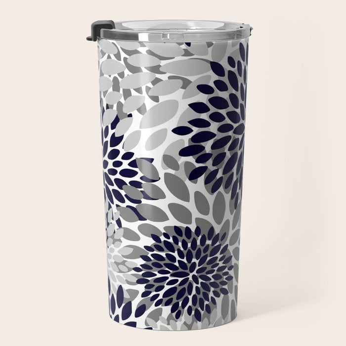 Abstract, Floral Prints, Navy Blue and Grey Travel Mug Gallery Image 3