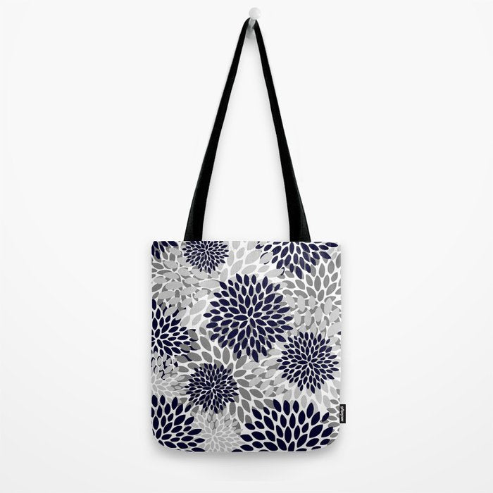 Abstract, Floral Prints, Navy Blue and Grey Tote Bag Gallery Image 2