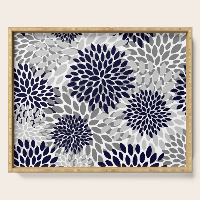 Abstract, Floral Prints, Navy Blue and Grey Serving Tray Gallery Image 1