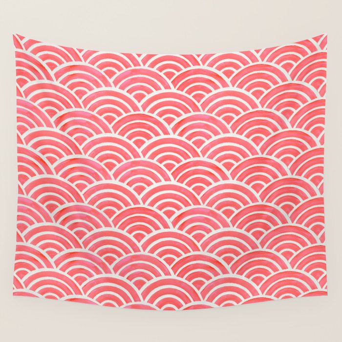 Japanese Seigaiha Wave Pattern - Coral Wall Tapestry Gallery Image 4