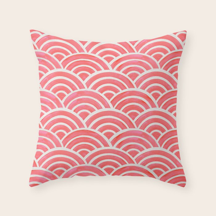 Japanese Seigaiha Wave Pattern - Coral Throw Pillow Gallery Image 1